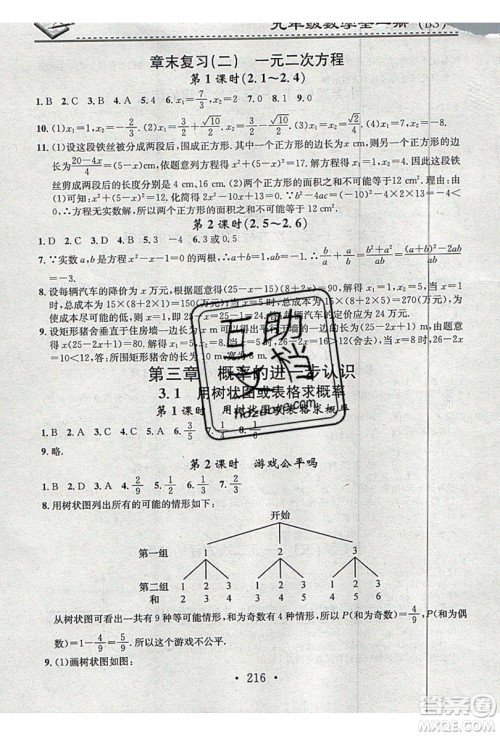 2019名校课堂小练习九年级数学全一册北师大版答案