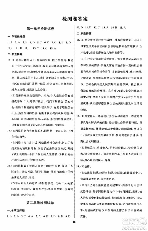 道德与法治2019年初中同步学考优化设计八年级上册RJ人教版参考答案 道德与法治2019年初中同步学考优化设计八年级上册RJ人教版参考答案