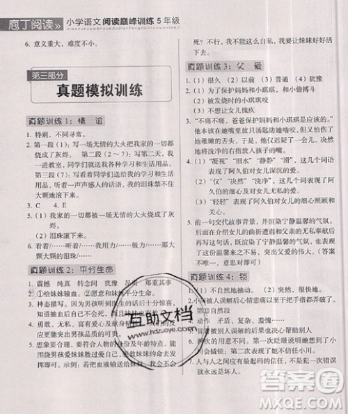 云南美术出版社2019庖丁阅读小学语文阅读巅峰训练5年级文体版参考答案