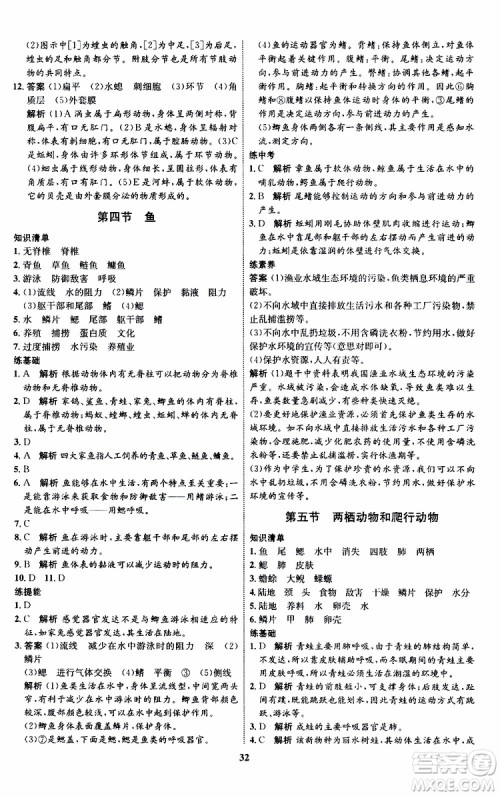 2019年初中同步学考优化设计生物八年级上册RJ人教版参考答案 2019年初中同步学考优化设计生物八年级上册RJ人教版参考答案