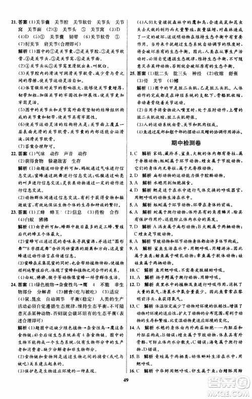 2019年初中同步学考优化设计生物八年级上册RJ人教版参考答案 2019年初中同步学考优化设计生物八年级上册RJ人教版参考答案
