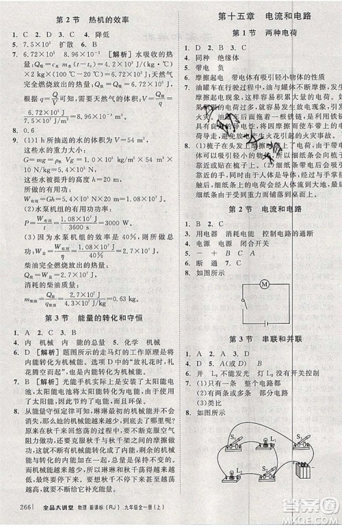 2019年全品大讲堂物理九年级上册人教版RJ参考答案及教材习题答案