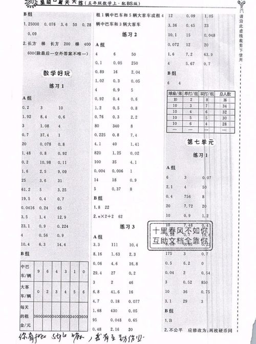 2019年秋星级口算天天练五年级数学上册苏教版答案