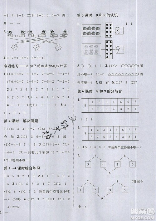 吉林人民出版社2019小学题帮数学一年级上册新课标人教版参考答案