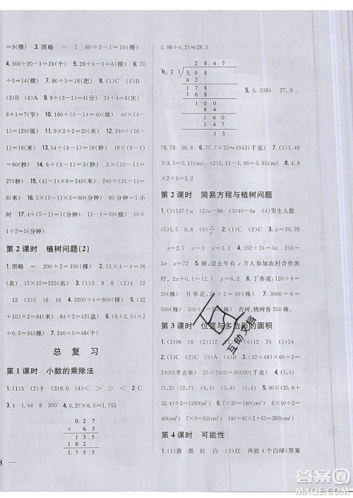 吉林人民出版社2019小学题帮数学五年级上册新课标人教版参考答案