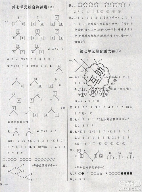 2019新版亮点给力大试卷一年级上册数学苏教版答案