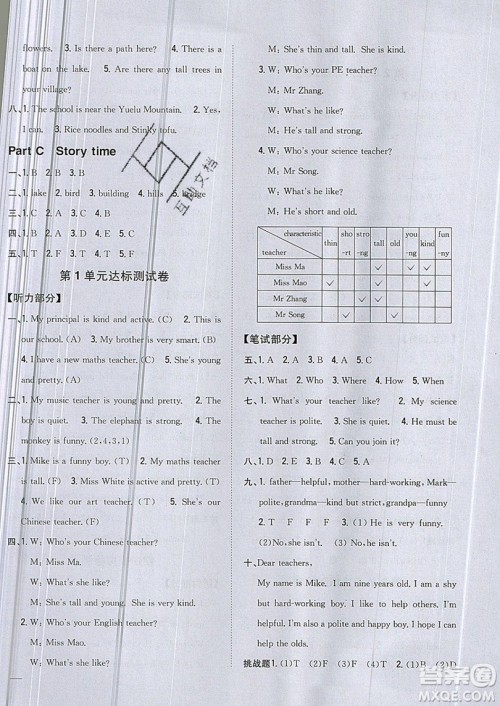 吉林人民出版社2019小学题帮英语五年级上册新课标人教PEP版参考答案