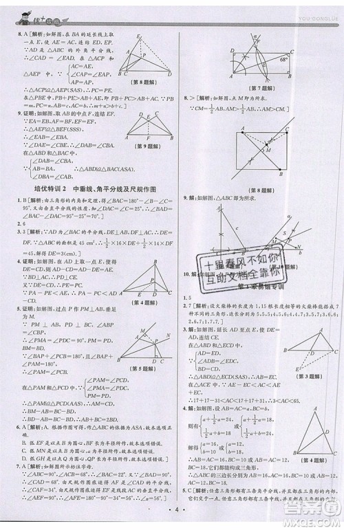 志明教育2019新版优+攻略八年级上册数学ZJ浙教版参考答案