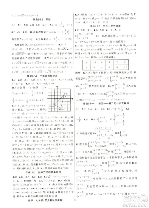 新疆青少年出版社2019快乐驿站假期作业七年级数学人教版答案