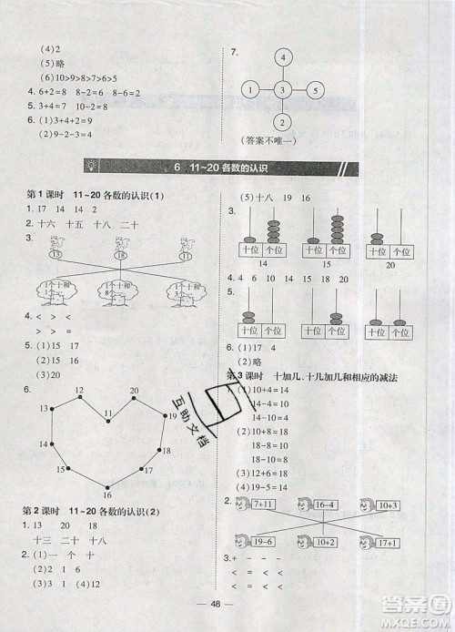 2019北大绿卡课时同步训练一年级上册数学人教版参考答案