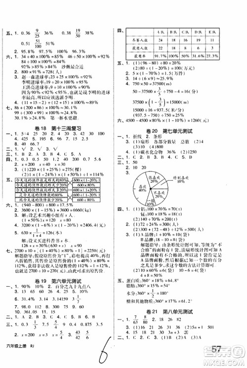 全品小复习2019年小学数学六年级上册人教版RJ参考答案