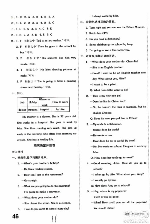 2019年全品小复习小学英语六年级上册人教版RJ参考答案 2019年全品小复习小学英语六年级上册人教版RJ参考答案