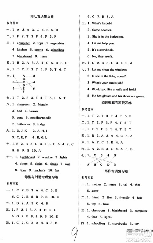 全品小复习2019年小学英语四年级上册人教版RJ参考答案 全品小复习2019年小学英语四年级上册人教版RJ参考答案