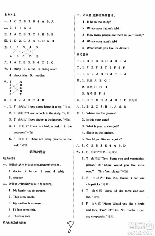 全品小复习2019年小学英语四年级上册人教版RJ参考答案