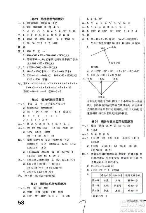 2019年全品小复习小学数学四年级上册人教版RJ参考答案 2019年全品小复习小学数学四年级上册人教版RJ参考答案