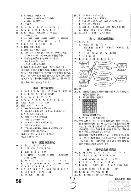 2019年全品小复习小学数学五年级上册人教版RJ参考答案