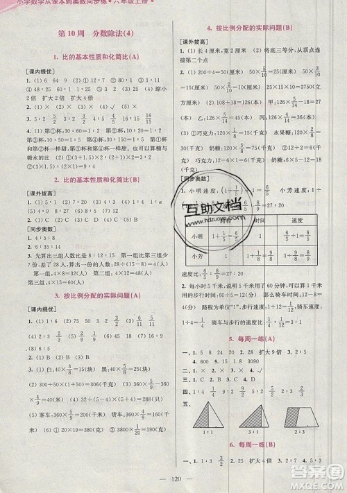 2019超能学典小学数学从课本到奥数同步练六年级上册江苏版双色版参考答案