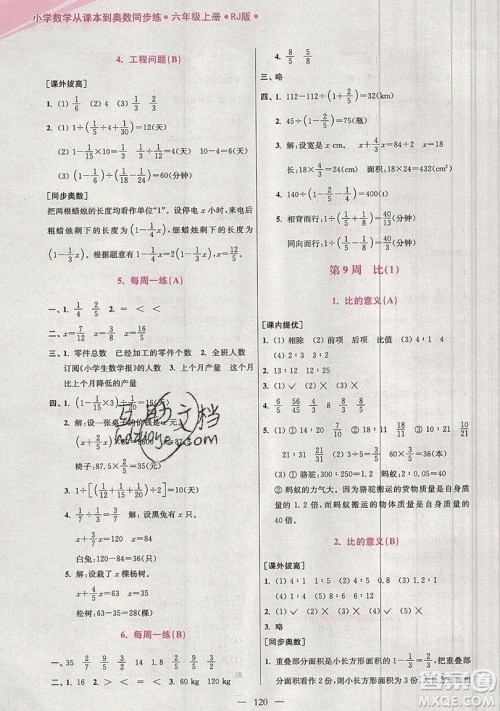 2019超能学典小学数学从课本到奥数同步练六年级上册人教RJ版双色版参考答案