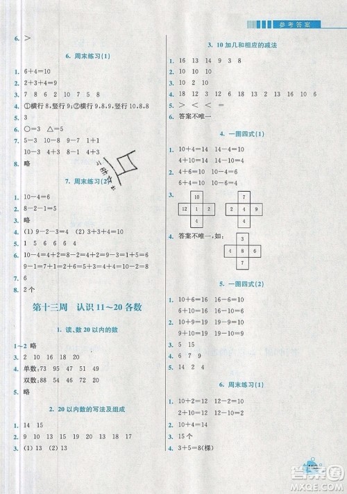 河海大学出版社2019小学同步奥数天天练一年级上册SJ苏教版参考答案