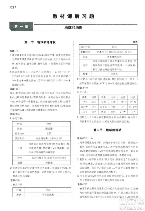 湖南教育出版社2020一本同步训练七年级上册初中地理人教版答案