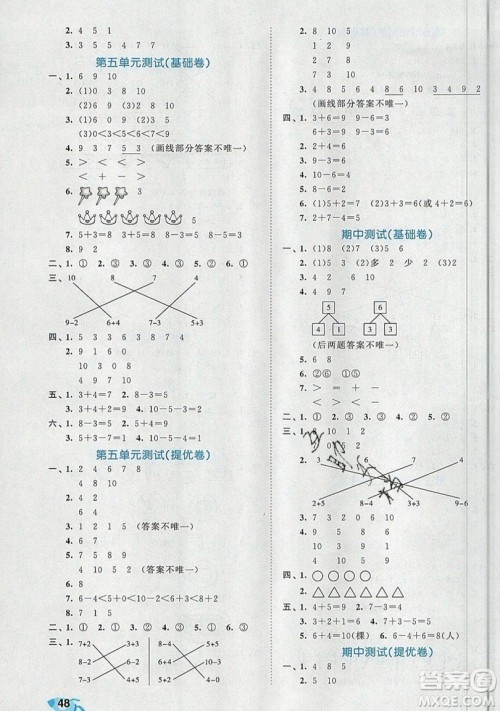 西安出版社小儿郎2019曲一线53全优卷小学数学一年级上册人教RJ版答案