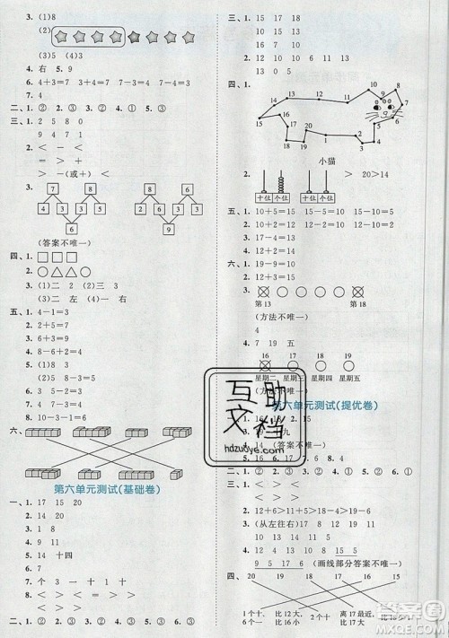 西安出版社小儿郎2019曲一线53全优卷小学数学一年级上册人教RJ版答案