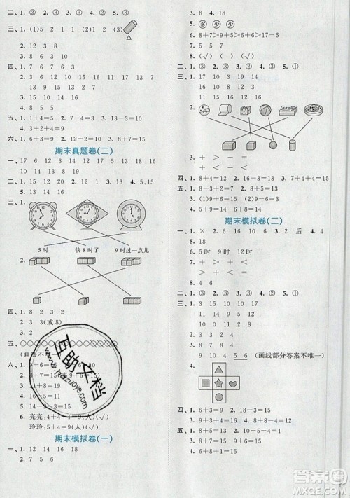 西安出版社小儿郎2019曲一线53全优卷小学数学一年级上册人教RJ版答案