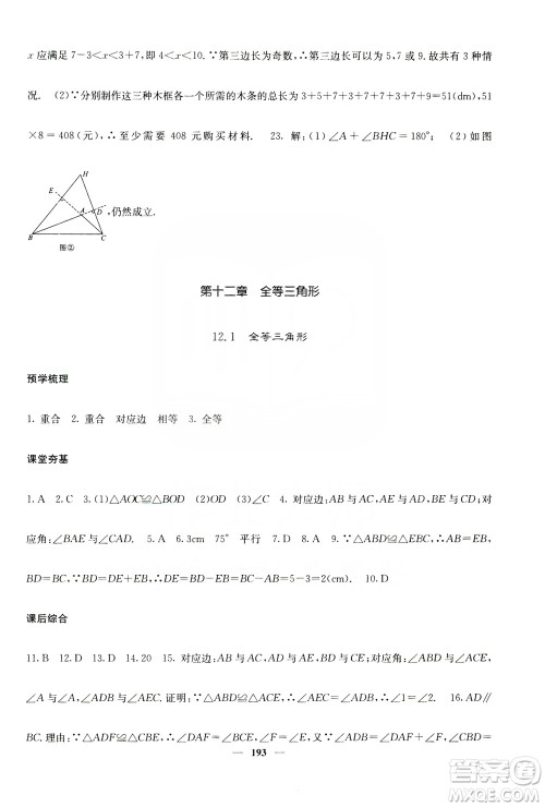 四川大学出版社2019名校课堂内外八年级数学上册人教版答案