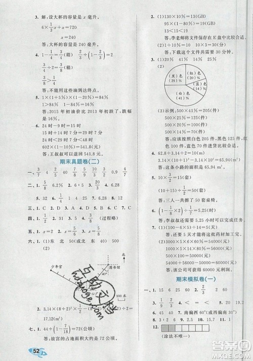 西安出版社小儿郎2019曲一线53全优卷小学数学六年级上册人教RJ版答案