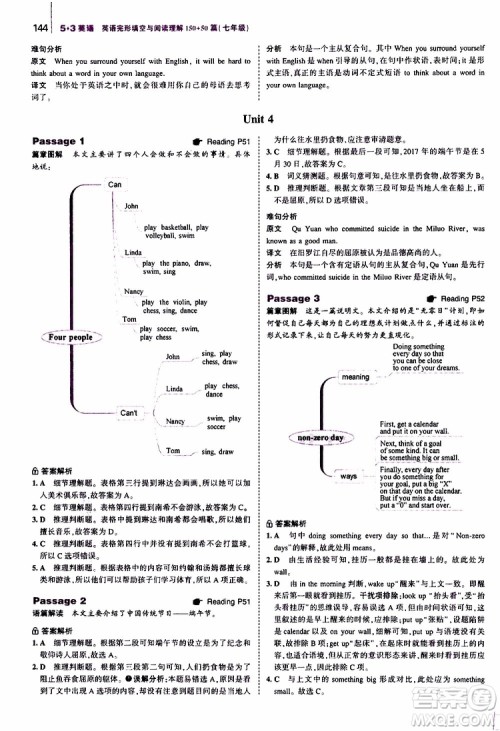 曲一线2020版53英语七年级通用版英语完形填空与阅读理解150+50篇参考答案