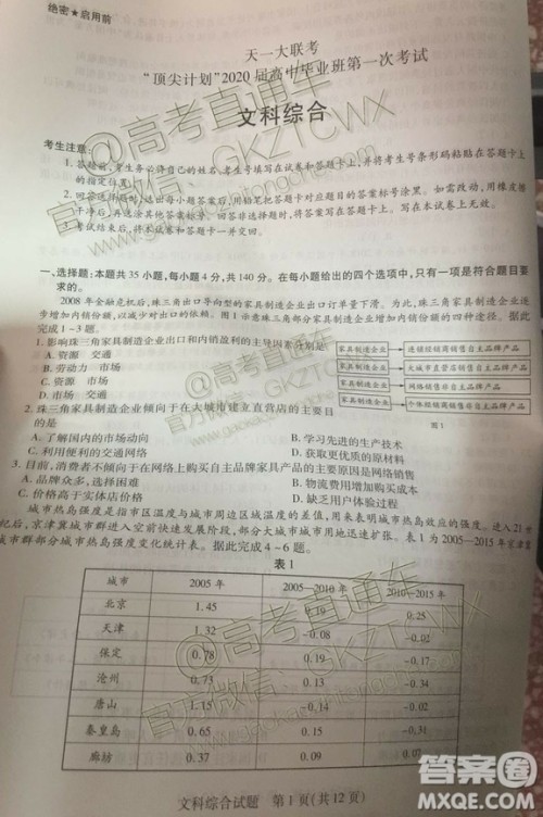 天一大联考顶尖计划2020届高中毕业班第一次考试文理综试题及答案 天一大联考顶尖计划2020届高中毕业班第一次考试文理综试题及答案