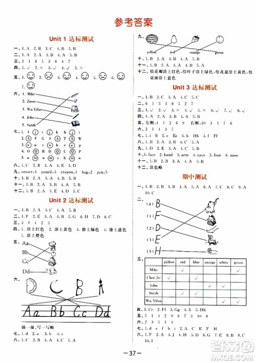 小儿郎2019秋53天天练三年级英语上册RP人教版参考答案