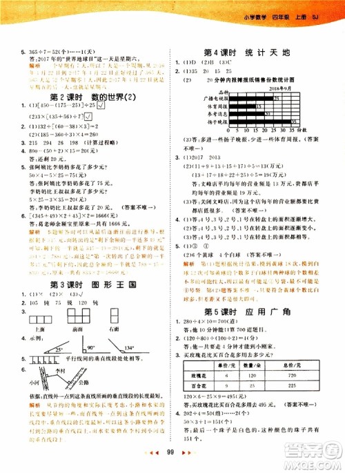 小儿郎2019秋新版53天天练数学四年级上册SJ苏教版参考答案
