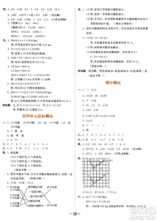 2019秋小儿郎53天天练五年级数学上册RJ人教版参考答案