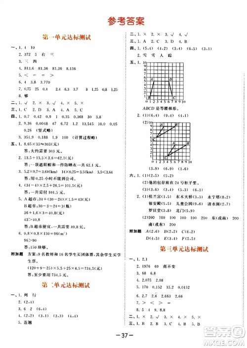 2019秋小儿郎53天天练五年级数学上册RJ人教版参考答案