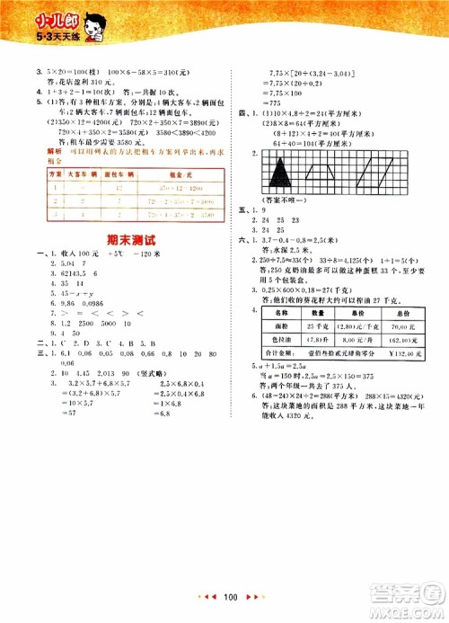 2019秋小儿郎53天天练五年级数学上册SJ苏教版参考答案