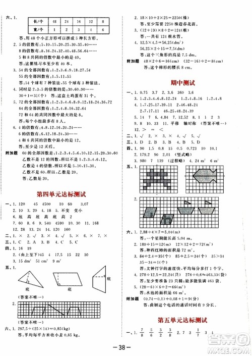 小儿郎2019秋53天天练数学五年级上册BSD北师大版参考答案