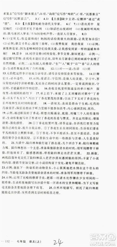 云南美术出版社2019学生课程精巧训练语文七年级上册人教版答案