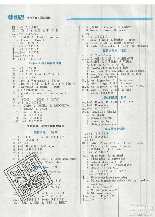 江苏人民出版社春雨教育2019秋实验班提优训练三年级英语上册YL译林版参考答案