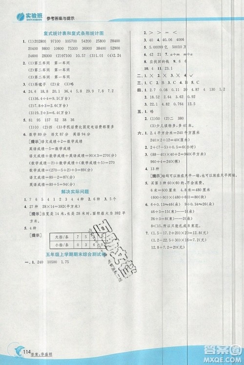 江苏人民出版社春雨教育2019秋实验班提优训练五年级数学上册JSJY苏教版参考答案