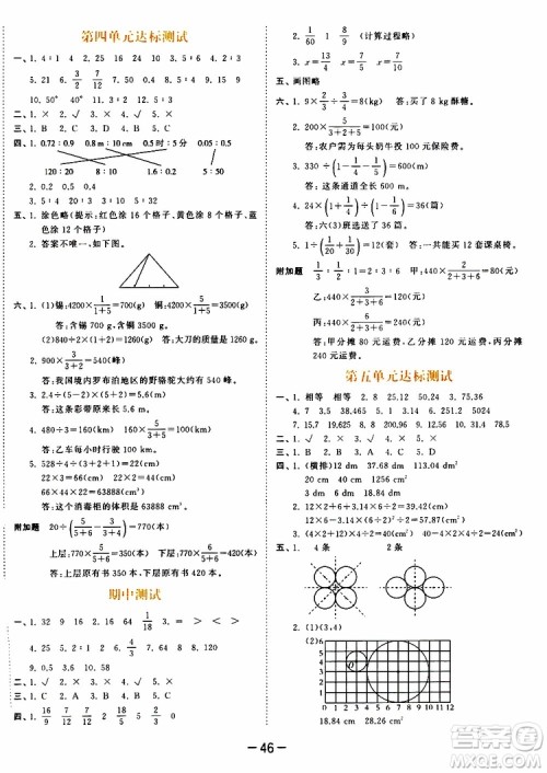 小儿郎2019年53天天练小学数学六年级上册人教版RJ参考答案