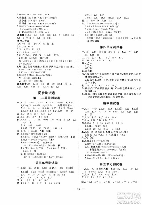 维宇文化2019年课堂小作业数学五年级上册R人教版参考答案