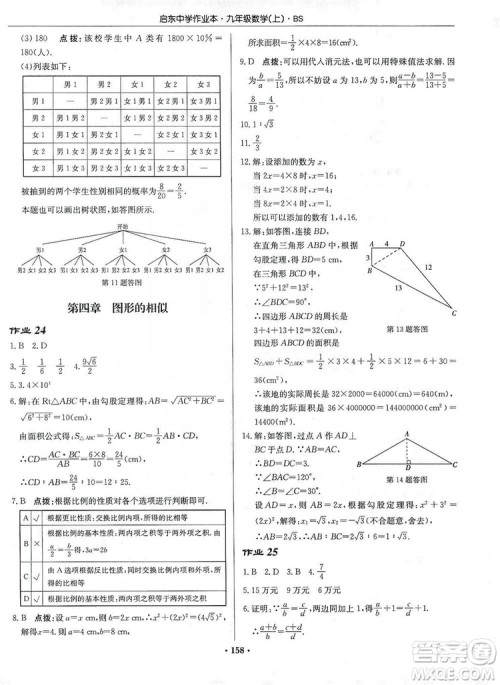 龙门书局2019启东中学作业本九年级数学上册北师大BS版答案