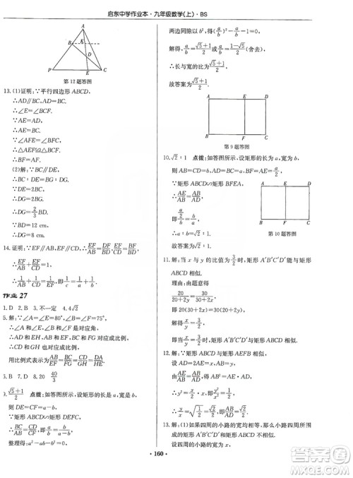 龙门书局2019启东中学作业本九年级数学上册北师大BS版答案