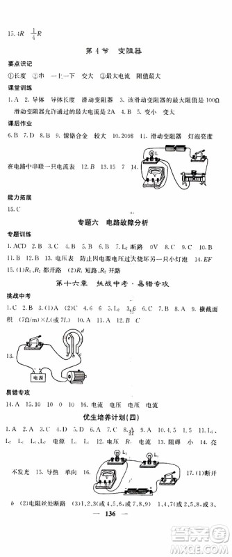 四川大学出版社2019年课堂点睛物理九年级上册人教版参考答案