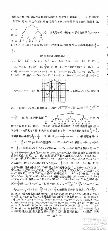 四川大学出版社2019年课堂点睛数学九年级上册人教版参考答案