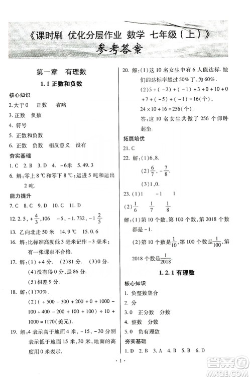 驰逐文化2019课时刷优化分层作业7年级数学上册答案