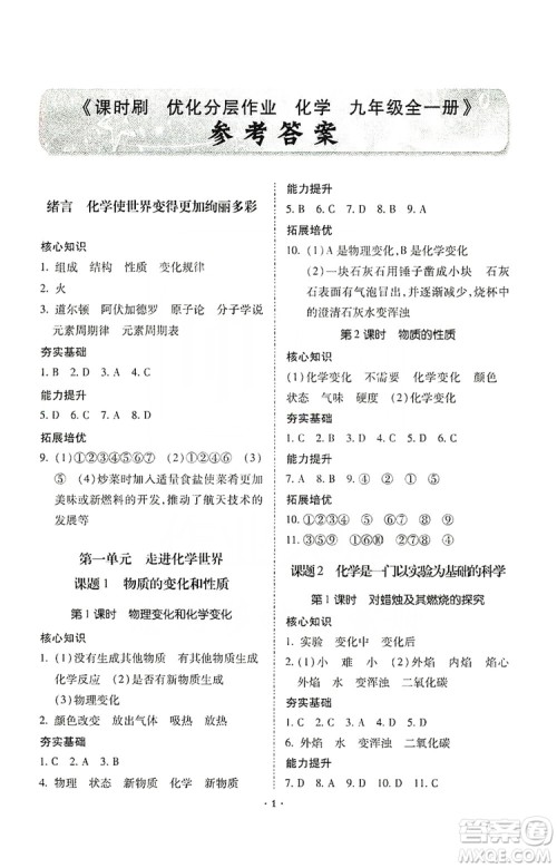 驰逐文化2019课时刷优化分层作业九年级化学上册答案