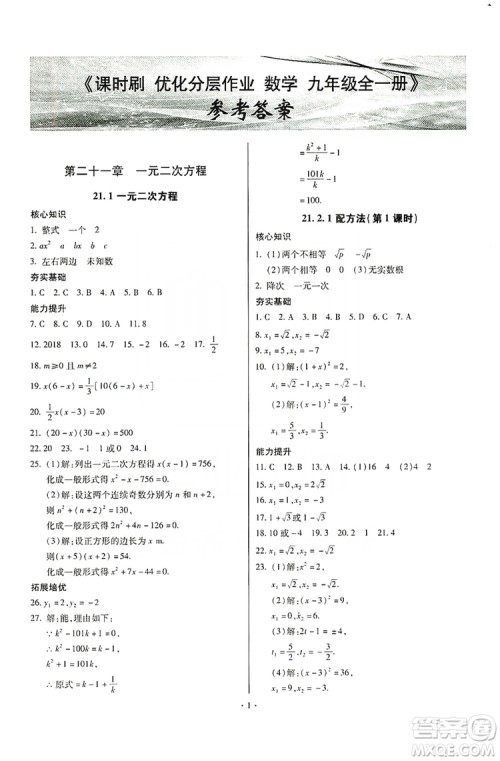 驰逐文化2019课时刷优化分层作业九年级数学全一册答案