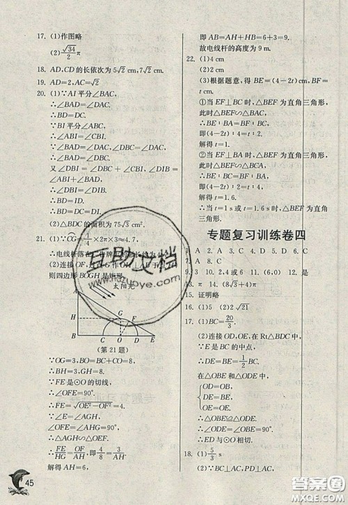 江苏人民出版社春雨教育2019秋实验班提优训练九年级数学上册QD青岛版参考答案